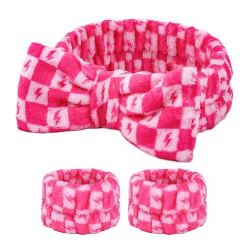 MADHOLLY Pink Headband Wristband for Washing Face - Soft Ultra Absorbent Skincare Makeup Hair Headbands for Women, Teen Girls, Christmas Stocking Stuffers Gifts