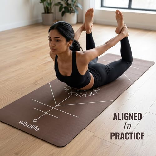 Image of Wiselife True Body Alignment Yoga Mat + Sleek Yoga Strap For Men And Women | Non-Slip Textured Extra Wide & Thick | Pro Balance Eco-TPE Exercise Mat For Home, Pilates, Gym & Fitness (6MM,BROWN)