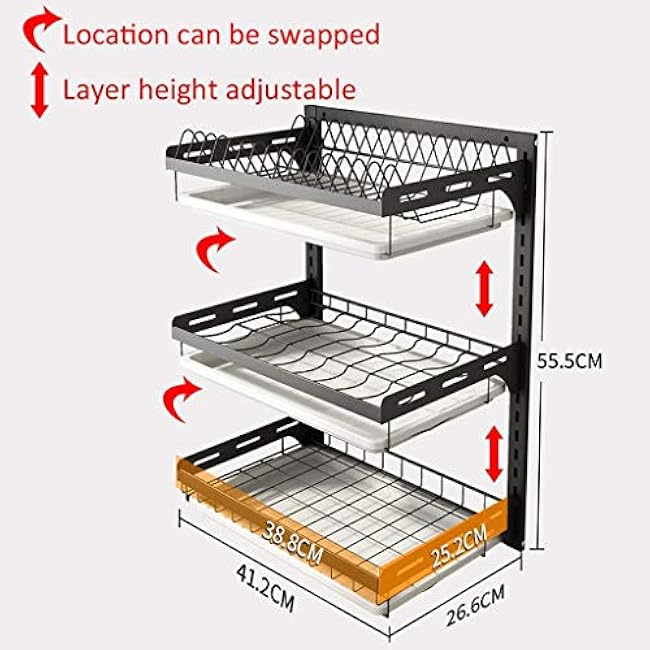 Black 201 Stainless Steel Wall-Mounted Drain Rack Dish Perforated Installation Kitchen - 2 Layers / 3 Layers./3