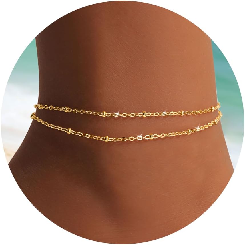 Ankle Bracelets for Women, 14k Gold Plated Jewelry Set Waterproof Layered Cuban Figaro Link Chain Anklets Set Gold Anklets Summer Boho Beach Jewelry Gift Adjustable Size