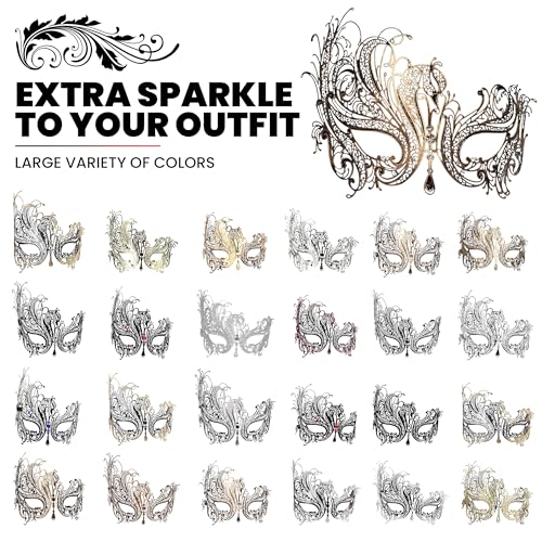 Image of Metal Filigree Masquerade Mask for Women - Swan Style Mask with Rhinestones for Mardi Gras, Prom, Halloween & Venetian Party