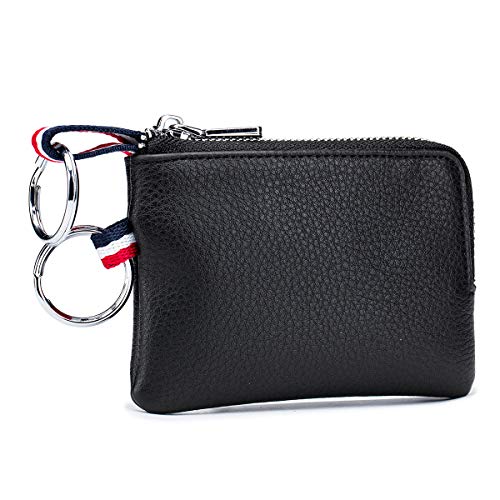 imeetu Men's Leather Coin Purse Wallet, Mini Dual Keyrings Change Pouch Card Holder(Black)