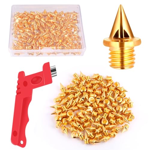 JULMELON 120 PCS 1/4inch Stainless Steel Track and Cross Country Spikes Golf Shoe Spikes with Spike Wrench, Replacement Spikes for Sprint Sports Short Running Track Shoes（Gold）