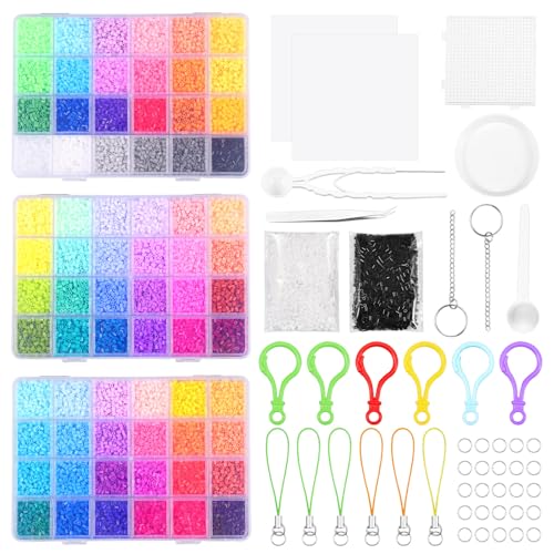 Fuse Beads - Juego de cuentas de 2,6 mm para manualidades con cuentas fundibles para niños, incluye accesorios de cadena y pinzas, regalo de cumpleaños para niños y niñas (72 colores)