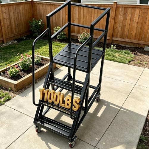 Image of 4 Step Rolling Warehouse Step Ladder, Industrial Mobile Staircase on Wheels, 1100Lbs Weight Capacity, Heavy Duty Mobile Platform Ladder with Handrails, Suitable for Warehouse, Library (Black, 4 steps)