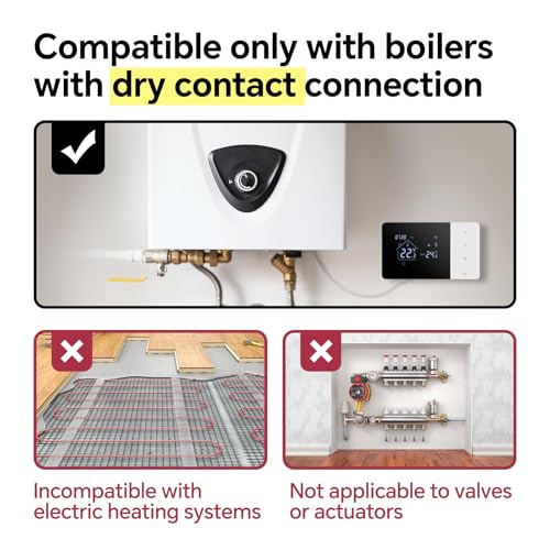 Battery-Powered 2-Wire WiFi Thermostat for Gas Boilers, Tuya Daily Programmable Thermostat, Compatible with Google Assistant& Alexa Voice Control. W506 3A (Fits 503 Junction Boxes) Black - Image 2