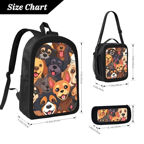 Cute Cartoon Animal Dog Large 3-Piece Backpack Set with Insulated Lunch Box & Pencil Case Waterproof 17 Inches Backpacks Bag Back Packs Pencil Pouch Lunch Bag for Men Women 3 Pcs (Black)4