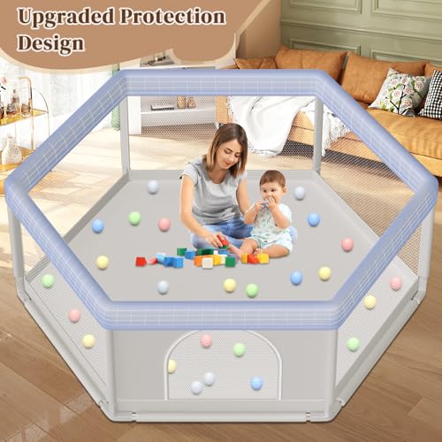 Image of Hiaksedt Large Baby Playpen 65x65 Inch, PlayPen for Babies and Toddlers Hexagonal Type Baby Play Yards for Indoor & Outdoor with Breathable Mesh Anti-Fall