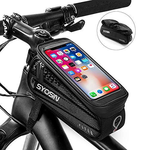 SYOSIN Bike Phone Front Frame Bag,Waterproof Bicycle Phone Mount Bag with Touch Screen Rain Cover Large Capacity Phone Case Compatible with iPhone 7 8 Plus xs max for Below 6.5 inches