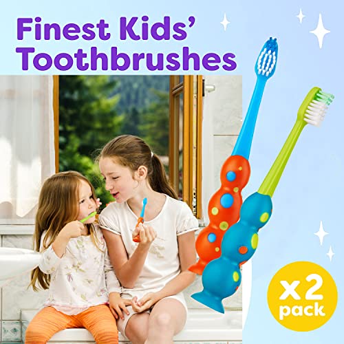 Trueocity Kids Toothbrush 2 Pack - Soft Contoured Bristles - Child Sized Brush Heads (3-10 Year Old) - Suction Cup For Fun & Easy Storage - Girl & Boy Set (2-Pack, Blue & Orange) #TOP3