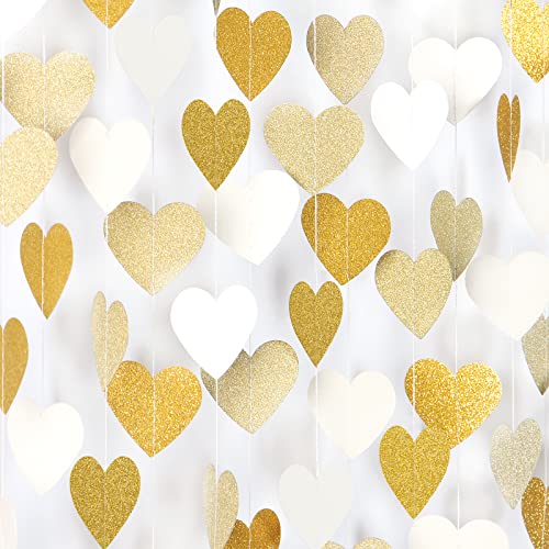 White-Gold Champagne Party-Decorations Heart Streamers Garland – 52Ft Christmas Wedding Engagement Hanging Paper Banner,Bachelorette Neutral Baby Bridal Shower Decor Banners Lasting Surprise