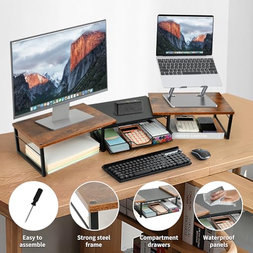 image for OPNICE Dual Monitor Stand Riser, Desk Organizer with Drawer, Office De