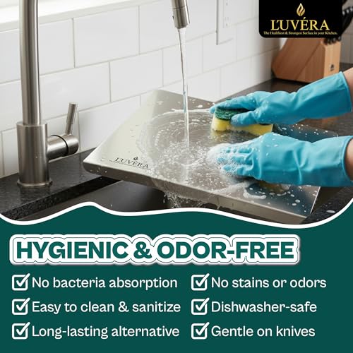 Image of L'UVERA 100% Stainless Steel Kitchen Chopping Board for Cutting Vegetables, Meat & Fruits | Rust-Proof, Odor-Free, Hygienic Food Prep | Durable, Knife-Friendly Surface | Large 36x31 CM