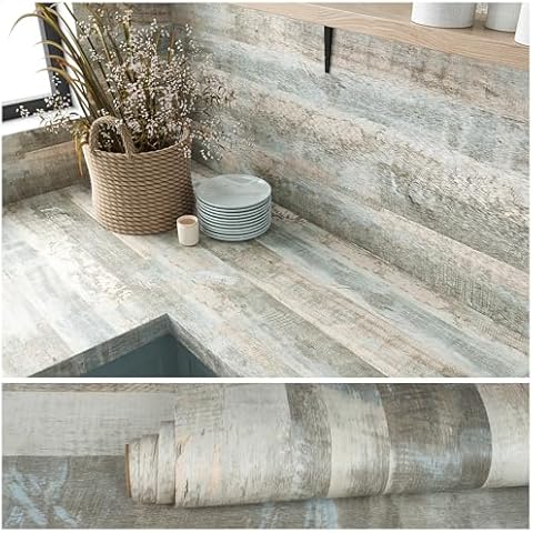 VEELIKE Light Blue Weathered Wood Plank Wallpaper Peel and Stick Reclaimed Wood Contact Paper for Countertops Cabinets Desk Floors 15.7''x118'' Waterproof Removable Wood Vinyl Wrap for Walls Kitchen Cover