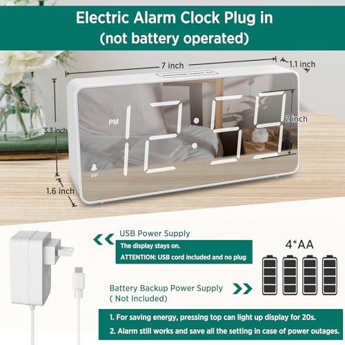Image of Peakeep Digital Clock, Alarm Clock Battery Backup Powered for Bedrooms - Mirror Face Large Numbers 6 Dimmer for Seniors, Super Loud for Heavy Sleepers (White)
