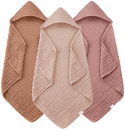 Image of Muslin Hooded Baby Bath Towels - 3 Pack 100% Cotton Ultra-Soft Towels for Newborns, Infants, Toddlers - 32x32 Inch - Highly Absorbent, Quick-Dry Essentials for Bath, Beach, Pool, Bean Paste Series