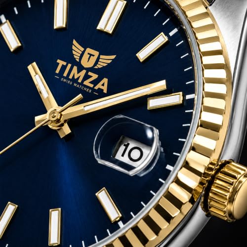 Image of Classic Blue Dial Quartz Watch for Men with Stainless Steel Two Tone Bracelet (Silver-Golden), Magnified Date Window & Water Resistant Build