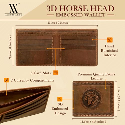 Leather Wallets for Men- 3D Embossed Horse Design Bifold Vintage Distressed Genuine Leather Wallet with Two Cash Pockets and Six Card Slots (Tan)2