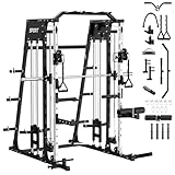 Smith Machine Home Gym, 2200 Lbs Multifunctional Power Cage Squat Rack with Cable Crossover System & Dual Pulley System, All in One Home Gym Equipment for Strength Training, Black