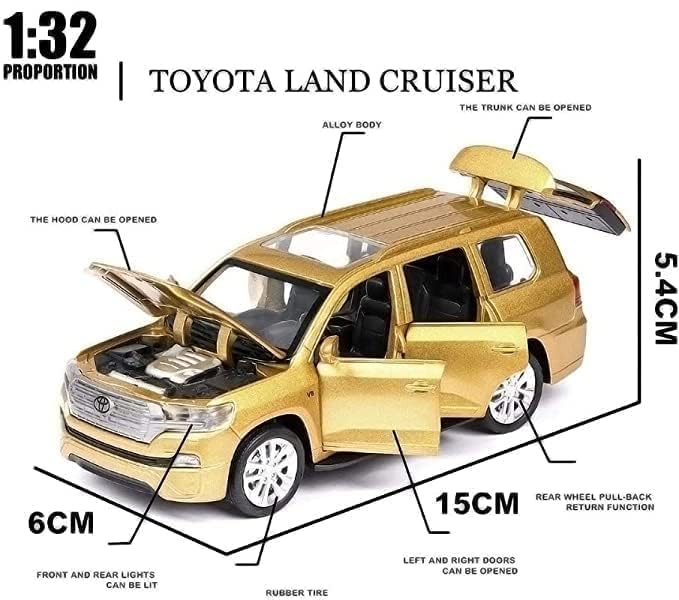 Image of PINQUE Kids New Car 1:32 Land Cruiser Diecast Alloy Metal Pull Back Car with Openable Doors Music Sound and Light Vehicle Toy Car for Boys (Gold)