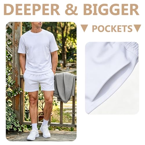 Jeixopu Mens Athletic Gym Shorts 5" Cotton Jogger Workout Casual Lounge Sweat Shorts with Pockets (White-L) - image 5