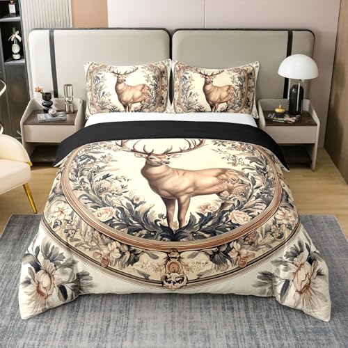 Manfei Jungle Deer Full Size Cotton Duvet Cover,Nature Wild Animal Elk Rustic Botanical Quilt Cover(No Filler),Vintage Beige Tribal Western Boho Floral Comforter Cover for Kids Adults Bedroom