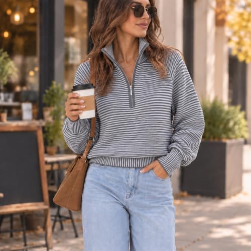 Striped Sweater Women Quarter Zip Pullover Knit Collared Fall Sweaters - image 2