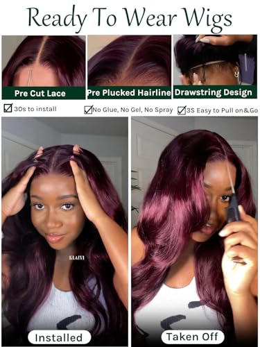 Image of KLAIYI Black Cherry Loose Body Wave Bye Bye Knots Glueless Wig 7x5Precut Lace Front Wigs Human Hair Drawstring Pre Plucked Bleached 30S Ready to Wear and Go Wig with Face Framing Bangs Burgundy 14Inch