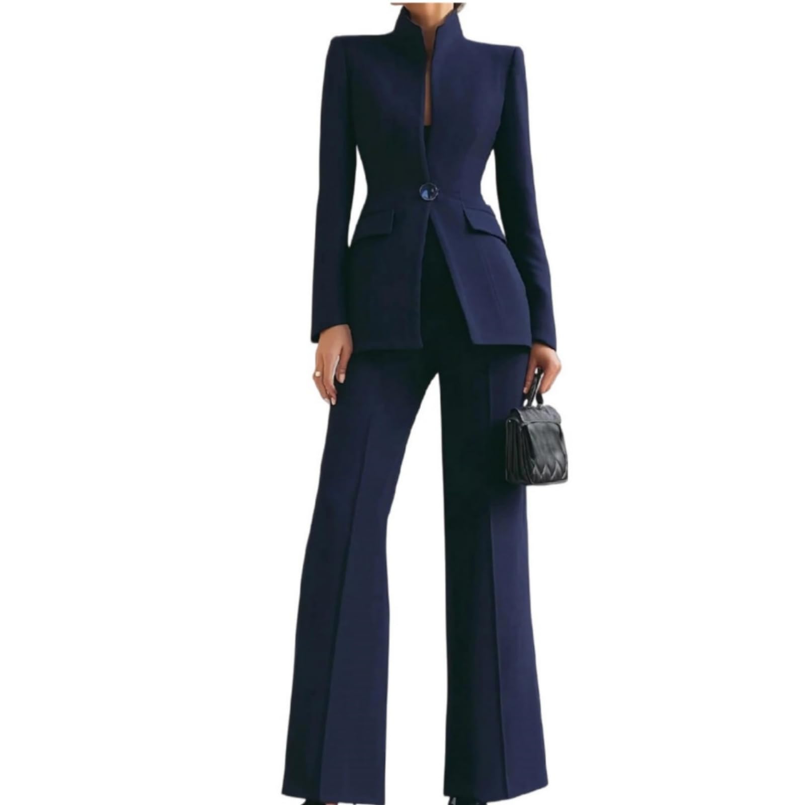 Women Suits 2 Piece Set Sophisticated High Collar Blazer Wide Leg Trousers Set Professional Office Work Casual Solid