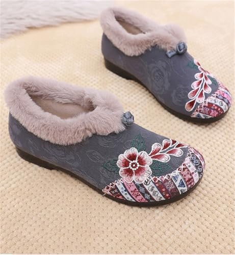 Women's Soft-Soled Non-Slip Warm Cotton Boots, Floral Embroidered Warm Plush Lined Indoor Outdoor Cozy Booties Flat Loafers4
