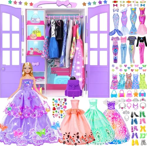 92pcs 11.5 Zoll Mädchen Puppe mit Kleidung Zubehör und Schrank Set einschließlich Lange Prinzessin Kleid Outfits Schuhe Handtaschen Halsketten DIY Perlen Aufkleber (einschließen Puppe)