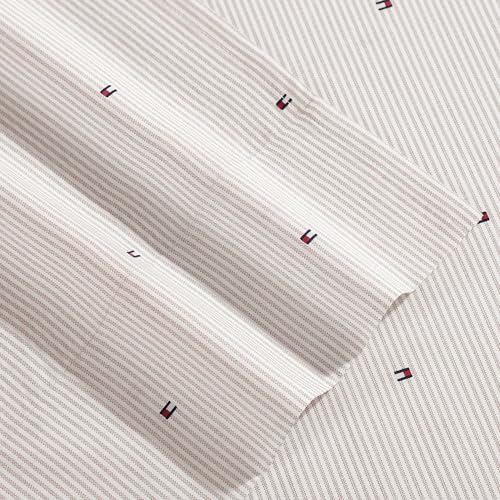 Image of TOMMY HILFIGER - Queen Size Sheets Set, Crisp & Tailored Sheets w /a Naturally Smooth Cotton Percale Lightweight Feel - Bed Sheets w /Matching Pillowcases & Fitted Sheet (Ithaca Flag Stripe Beige)