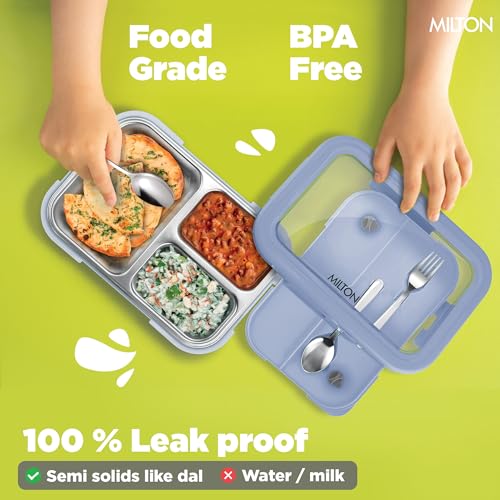 Image of Milton Ethan 3 Inner Stainless Steel Tiffin Box for School, 3 Partition, Steam Release Plug | PU Insulated, Leak-Proof, Food Grade I Lunch Box for Kids Boys, Girls with Snap Lock Lid, 600 ml, Sky Blue