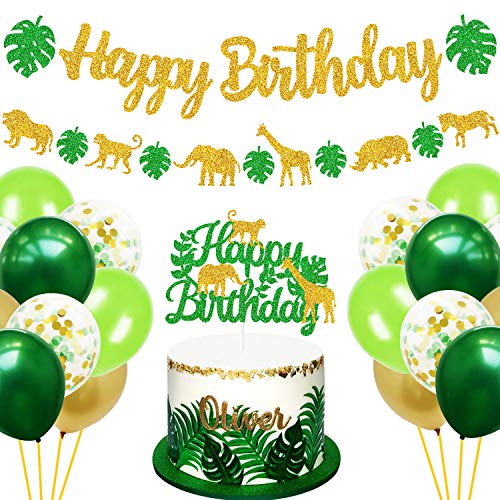 Safari Jungle Animal Birthday Banner and Cake Topper Summer Safari Wild Themed for Kids Birthday Party Supplies Decorations