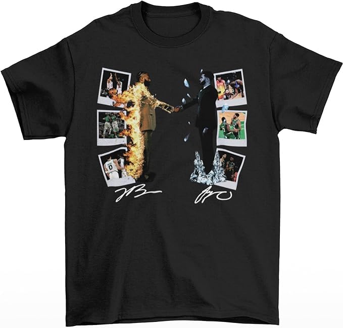 Generic Jayson Tatum and Jaylen Brown Fire & Ice Boston Basketball T-Shirt, Black,natural,green,white