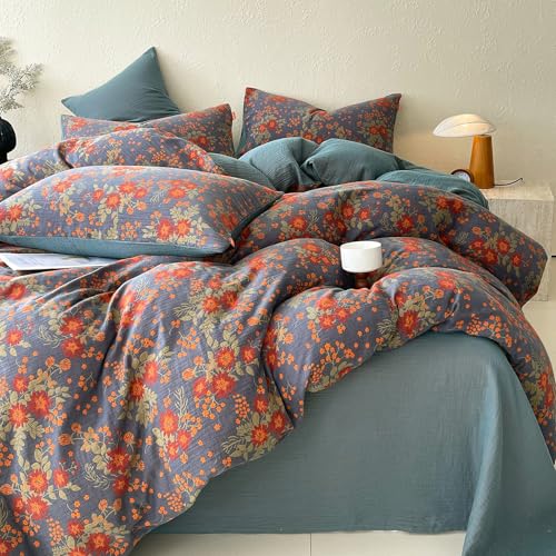 EAVD Vintage Garden Floral Duvet Cover King Soft 100% Muslin Cotton Jacquard Texture Bedding Set Chic Vibrant Floral Bedding Set with 2 Pillowcases Farmhouse Botanical Comforter Cover with Zipper
