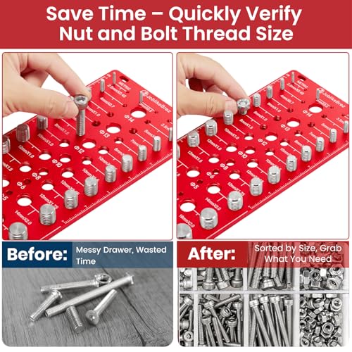 Image of Thread Checker, 70 Nut and Bolt Thread Checker, 25 Standard & 25 Metric & 20 Drill Bit Gauge, Bolt Size Finder, Wall-Mountable Bolt Thread Identifier Gauge with Inch & CM Ruler