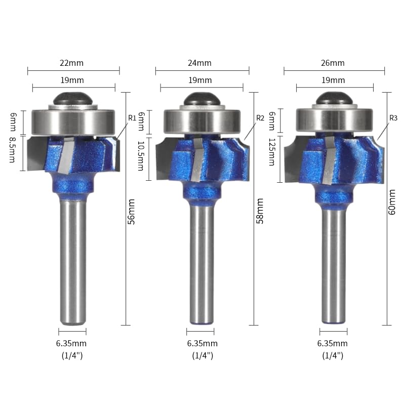 Broca redonda de cuatro esquinas de carburo Z4, broca enrutadora de cubierta redondeada, fresa CNC for carpintería, fresa facial for broca de madera, 1-3 piezas(3pcs 6.35 shank)