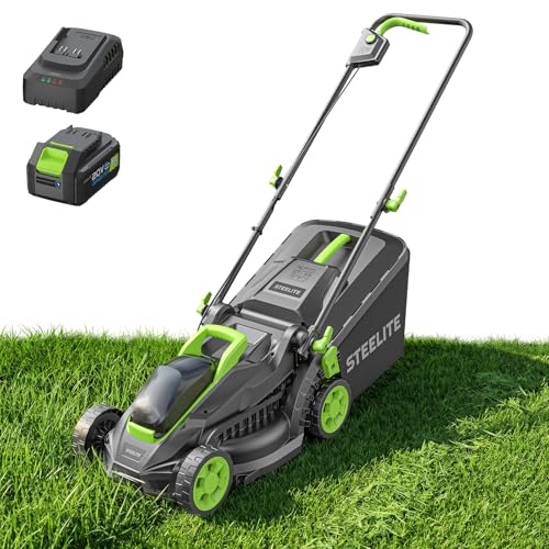 STEELITE 21V 13-Inch Brushless Cordless Lawn Mower, Electric Push Mower with 4.0Ah Battery & Charger, 5-Level Height Adjustment, Mulching/Bagging, for Small Yard