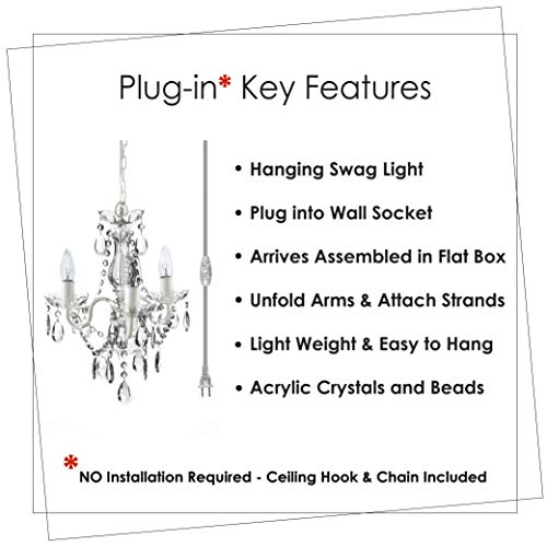 gypsy color The Original Plug-in 3 Light Crystal White Hanging Swag Chandelier H17”xW12”, White Metal Frame with Clear Glass Stem and Clear Acrylic Crystals & Beads That Sparkle Just Like Glass - Image 4