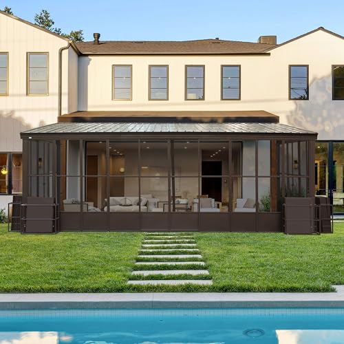 Domi 12x20FT Sunroom Wall Mounted Sunroom Kit with Galvanized Steel Sloping Roof Outdoor Sunroom Gazebo with Detachable PC Screen 3 Sliding Double Doors Lean to Sun Room for Patio Deck