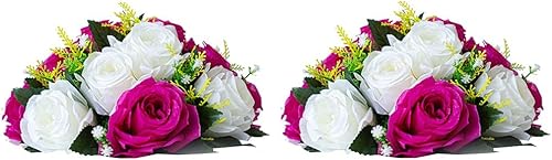 Miniatura 9 de LANLONG Paquete de 2 soportes de metal de cristal de lujo con 2 flores artificiales, 15 cabezas, rosas de plástico con base para centros de mesa de