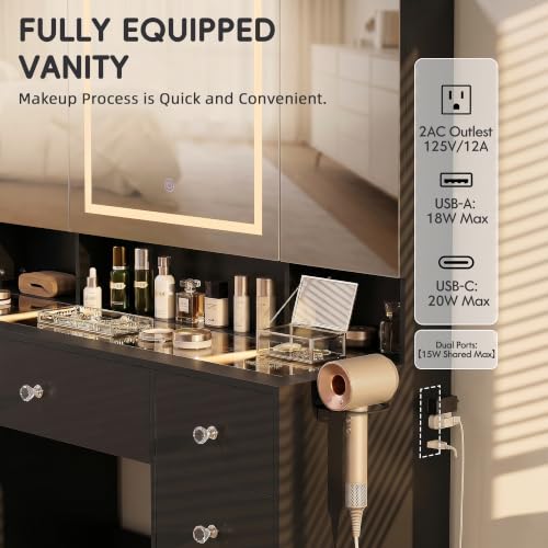 Image of YESHOMY Makeup Table with Power Outlet and Hair Dryer Holder, 3 Folden Mirror with Hidden Storage Shelves, 3 Drawers and 2 Storage Cabinet, for Bedroom, Black