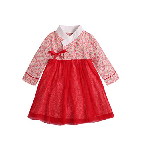 PAUBOLI Baby Girl Korean Clothes Long Sleeve Romper Dress Korean Hanbok (15-24 Months, Red)