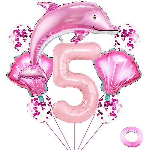 Weenkeey 5 ans dauphin anniversaire ballon dauphin géant aluminium feuille ballon 5 ans polyester film ballon animaux marins thème fête ballons fille anniversaire...