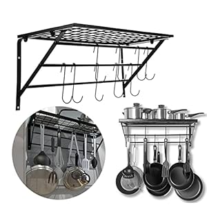 Hangend Pannenrek, Muur Hangen Pannenhouder Keukenopbergrek Zwart Kruidenrek van Metaal, met 10 Haken, 62 x 25.5 x 25 cm