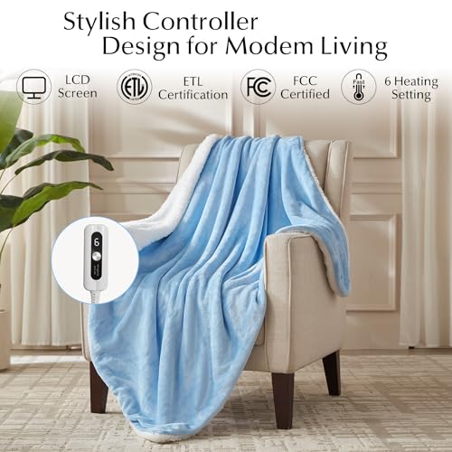 Electric Heated Blanket Throw Size, Soft and Cozy Thickened Flannel and Sherpa Electric Blanket for Bed, Automatic Safety System 6 Heating Levels & 10 Hours Auto-Off, 50"x60" Ice Blue