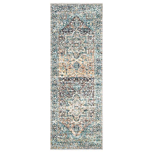 Bloom Rugs Caria Washable Non-Slip 12 Ft Runner - Blue Green/Tangerine Runner For Entryway, Hallway, Bathroom And Kitchen - Exact Size: 2'6" X 12' #TOP1
