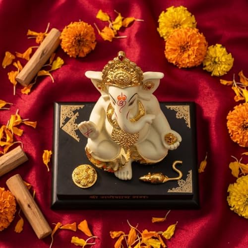 Image of Ganesha Idol for Home Decor | 4 Inch Golden Resin Ganpati Murti | Small Ganesh Ji Idol for Car Dashboard, Office Desk, Pooja Room | Vastu Decorative Statue (172g)