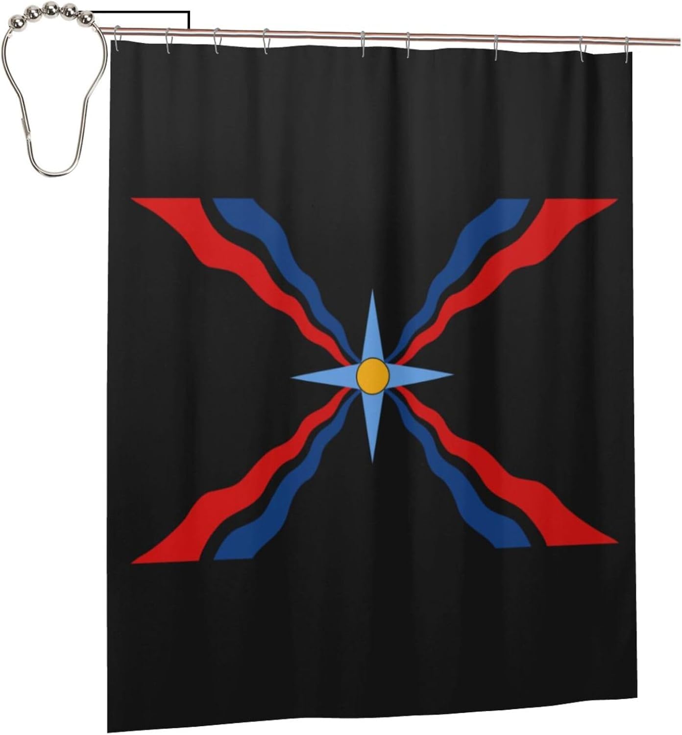 Assyrian Flag Bathroom Fabric Shower Curtain with 12 Buckles and Hooks, Washable, Waterproof, 60x72 Inches